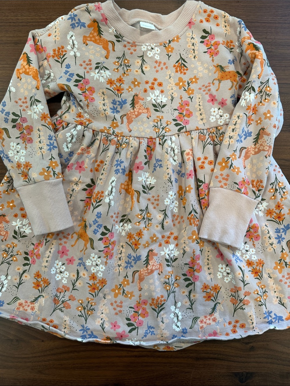 Girls Floral & Horse Print Long Sleeve Sweatshirt Dress - Beige Blush